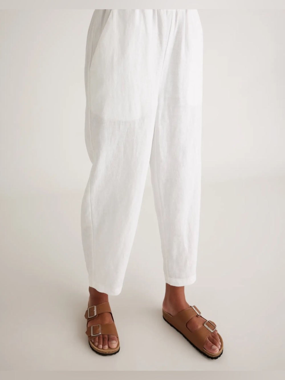 Quince European Women's White Elastic-Waist Linen Blend Pants - Picture 2 of 5